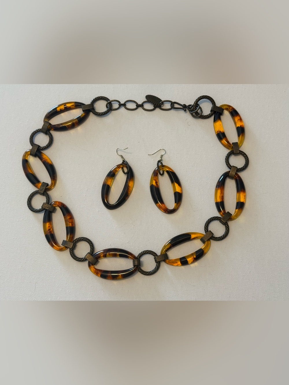 Vintage Tortoiseshell Oval Link Necklace & Earring Set - Demi Parure